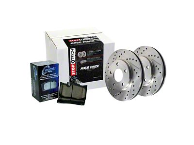 StopTech Sport Axle Drilled Brake Rotor and Pad Kit; Front and Rear (15-23 Mustang EcoBoost w/o Performance Pack, V6)