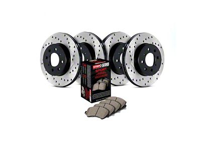 StopTech Sport Axle Drilled Brake Rotor and Pad Kit; Front and Rear (15-23 Mustang GT w/ Performance Pack)