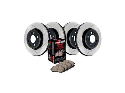 StopTech Sport Axle Slotted Brake Rotor and Pad Kit; Front and Rear (15-23 Mustang GT w/ Performance Pack)