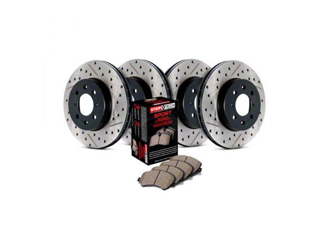 StopTech Sport Axle Slotted and Drilled Brake Rotor and Pad Kit; Front and Rear (99-04 Mustang GT, V6)