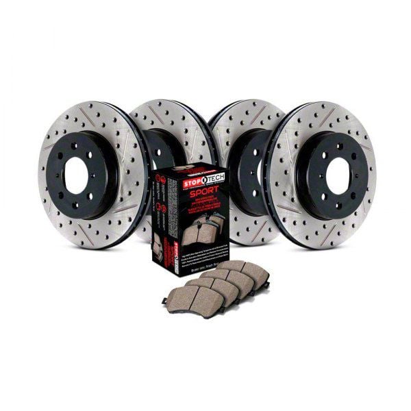 StopTech Sport Axle Slotted and Drilled Brake Rotor and Pad Kit; Front and Rear (05-10 Mustang GT)