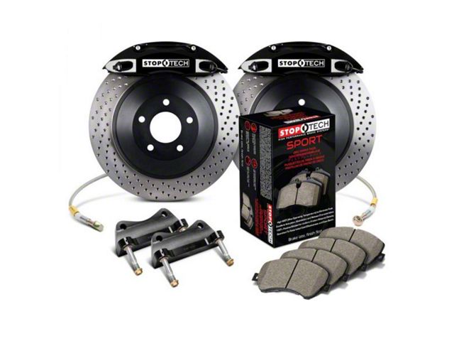 StopTech ST-40 Aero Sport Drilled 1-Piece Front Big Brake Kit; Black Calipers (05-10 Mustang GT)