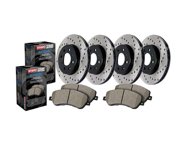 StopTech Street Axle Drilled Brake Rotor and Pad Kit; Front and Rear (94-04 Mustang Cobra, Bullitt, Mach 1)