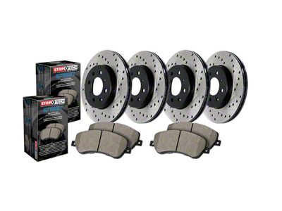 StopTech Street Axle Drilled Brake Rotor and Pad Kit; Front and Rear (94-04 Mustang Cobra, Bullitt, Mach 1)