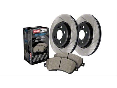 StopTech Street Axle Drilled Brake Rotor and Pad Kit; Front and Rear (05-10 Mustang V6)