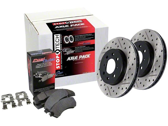StopTech Street Axle Drilled and Slotted Brake Rotor and Pad Kit; Front (15-23 Mustang GT w/ Performance Pack)