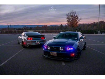 Striker Lights RGBW Dual Halo Headlights; Matte Black Housing; Clear Lens (13-14 Mustang)