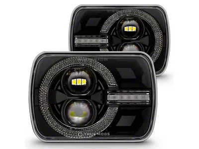 True Mods 5x7-Inch Crystal LED Halo Headlights with DRL and Turn Signals; Black Housing; Clear Lens (79-86 Mustang)