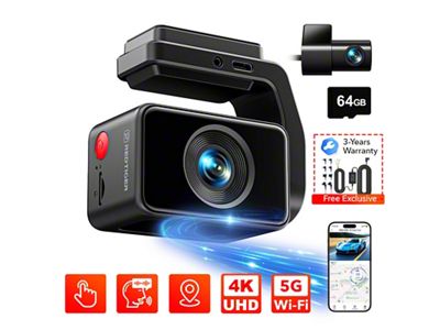4K+1080P Windshield Dash Cam with Sticky Mount; 64GB (Universal; Some Adaptation May Be Required)
