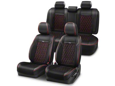 Diamond Series Front Bucket and Rear Seat Covers; Black Leatherette with Red Stitching (Universal; Some Adaptation May Be Required)