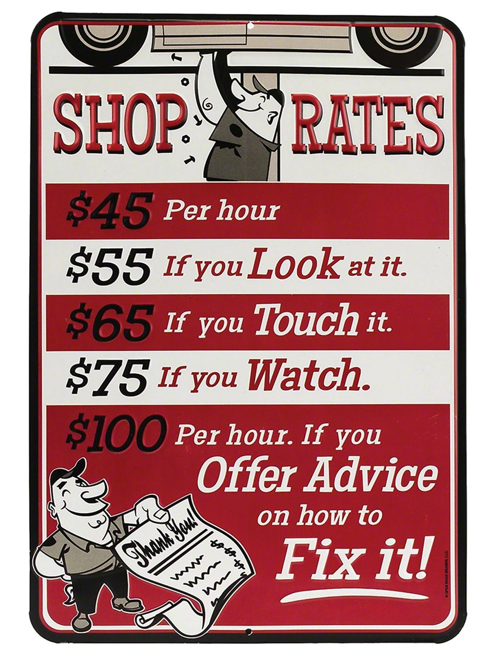 Universal AM Die Cut Embossed Tin Sign; Shop Rates Red - Free Shipping