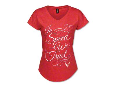 Women's In Speed We Trust Fitted T-Shirt with C8 Emblem; Red