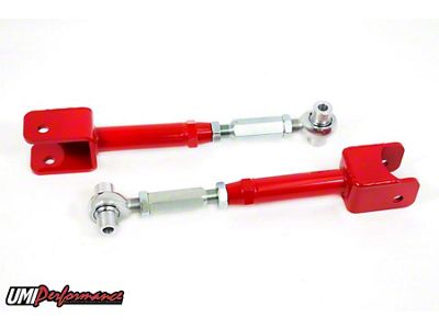 UMI Performance Adjustable Rear Trailing Arms; Rod Ends; Red (10-15 Camaro)