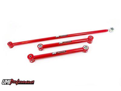 UMI Performance Rear Lower Control Arm and Single Adjustable Panhard Bar Kit; Roto-Joints; Red (93-02 Camaro)
