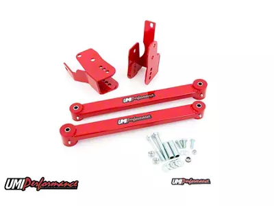 UMI Performance Boxed Rear Lower Control Arms with Anti-Hop Kit; Red (05-14 Mustang)