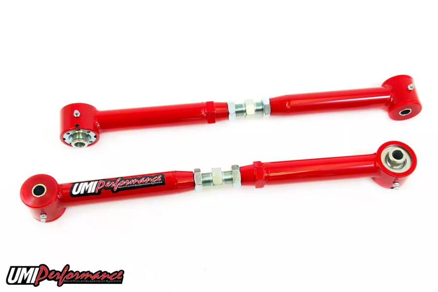 UMI Performance On-Car Adjustable Rear Lower Control Arms; Poly/Roto-Joints; Red (05-14 Mustang)