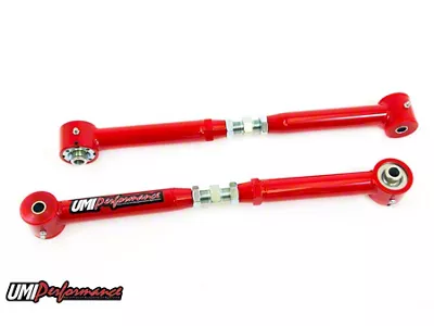 UMI Performance On-Car Adjustable Rear Lower Control Arms; Poly/Roto-Joints; Red (05-14 Mustang)