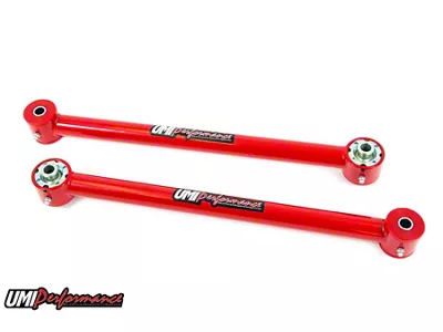 UMI Performance Rear Lower Control Arms; Poly/Roto-Joint; Red (05-14 Mustang)
