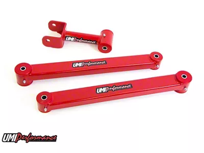 UMI Performance Rear Upper and Lower Control Arms; Red (05-10 Mustang)