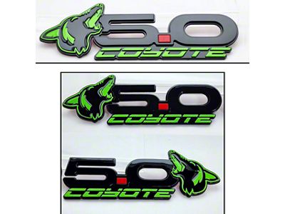 UPR Products Howling Coyote 5.0 Fender and Decklid Emblem Package; Black with Lime Green (15-23 Mustang GT)