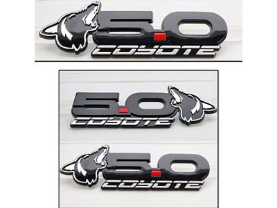 Howling Coyote 5.0 Fender and Decklid Emblem Package; Black with Chrome (15-23 Mustang GT)