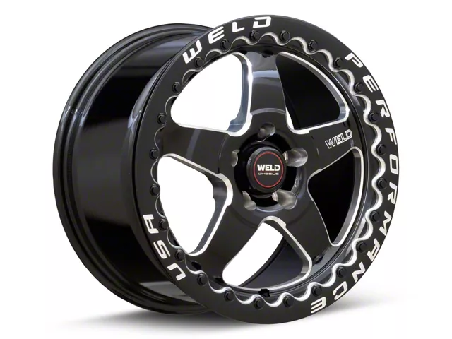 WELD Performance Ventura Beadlock Gloss Black Milled Wheel; Rear Only; 15x10 (79-93 Mustang w/ 5-Lug Conversion)