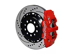 Wilwood AERO4 Rear Big Brake Kit with 14.25-Inch Drilled and Slotted Rotors for OE Parking Brake; Red Calipers (14-19 Corvette C7)