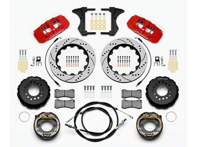 Wilwood AERO4 Rear Big Brake Kit with Drilled and Slotted Rotors; Red Calipers (05-14 Mustang w/ BMR Suspension)