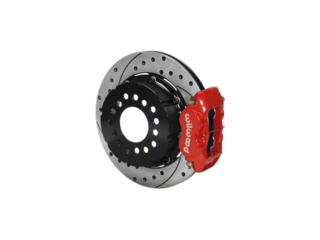 Wilwood Forged Dynalite Pro Series Rear Big Brake Kit with Drilled and Slotted Rotors; Red Calipers (79-93 Mustang w/ Ford 8.8 Rear & 2.5 Axle Offset)