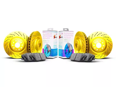 Xbrakes Xi Series Brake Rotor and Pad Kit; Front and Rear; Yellow (16-24 Camaro LS & LT w/ 4-Piston Front Calipers & 321mm Front Rotors)