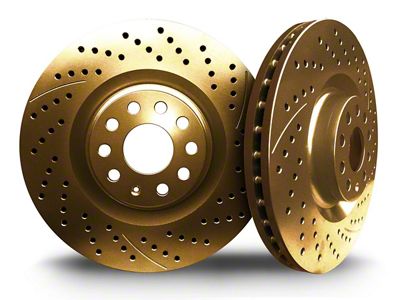 Xbrakes Xi Series Brake Rotor and Pad Kit; Front and Rear; Gold (08-14 Challenger SRT8; 15-23 6.4L HEMI Challenger w/ 4-Piston Front Calipers; 18-23 5.7L HEMI Challenger w/ 4-Piston Calipers; 18-23 Challenger SRT Demon, SRT Super Stock)