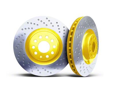 Xbrakes Xi Series Brake Rotor and Pad Kit; Front and Rear; Yellow (08-14 Challenger SRT8; 15-23 6.4L HEMI Challenger w/ 4-Piston Front Calipers; 18-23 5.7L HEMI Challenger w/ 4-Piston Calipers; 18-23 Challenger SRT Demon, SRT Super Stock)