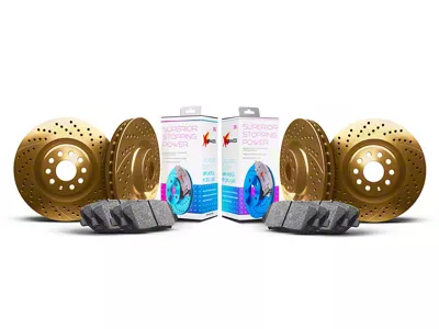Xbrakes Xi Series Brake Rotor and Pad Kit; Front and Rear; Gold (24-25 Mustang Dark Horse)