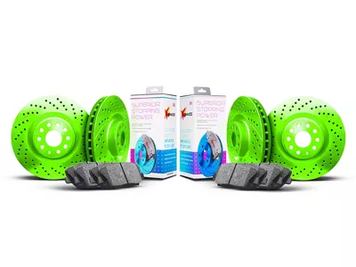 Xbrakes Xi Series Brake Rotor and Pad Kit; Front and Rear; Green (24-25 Mustang EcoBoost w/o Performance Pack)
