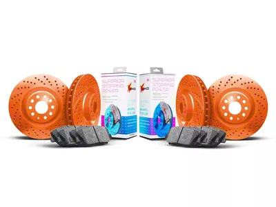 Xbrakes Xi Series Brake Rotor and Pad Kit; Front and Rear; Orange (24-25 Mustang GT w/o Performance Pack, EcoBoost w/ Performance Pack)