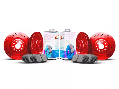 Xbrakes Xi Series Brake Rotor and Pad Kit; Front and Rear; Red (24-25 Mustang EcoBoost w/o Performance Pack)