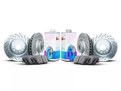 Xbrakes Xi Series Brake Rotor and Pad Kit; Front and Rear; Silver (24-25 Mustang GT w/ Performance Pack)