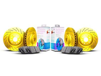 Xbrakes Xi Series Brake Rotor and Pad Kit; Front and Rear; Yellow (15-23 Mustang GT w/ Performance Pack)