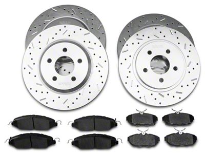 Xtreme Stop Precision Cross-Drilled and Slotted Brake Rotor and Carbon Graphite Pad Kit; Front and Rear (11-14 Mustang V6)