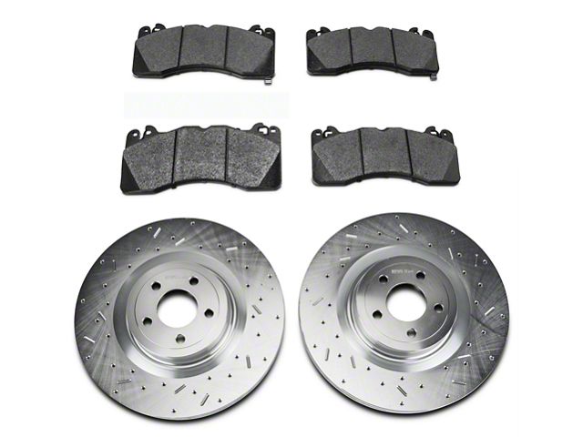 Xtreme Stop Precision Cross-Drilled and Slotted Brake Rotor and Carbon Graphite Pad Kit; Front (15-23 Mustang GT w/ Performance Pack)