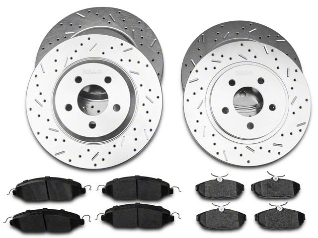 Xtreme Stop Precision Cross-Drilled and Slotted Brake Rotor and Carbon Graphite Pad Kit; Front and Rear (05-10 Mustang GT)