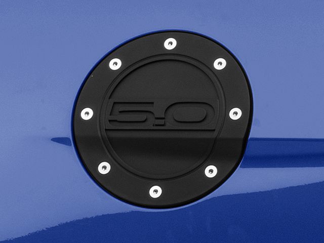 Drake Muscle Cars Competition Series Fuel Door with 5.0 Logo; Black (15-23 Mustang)