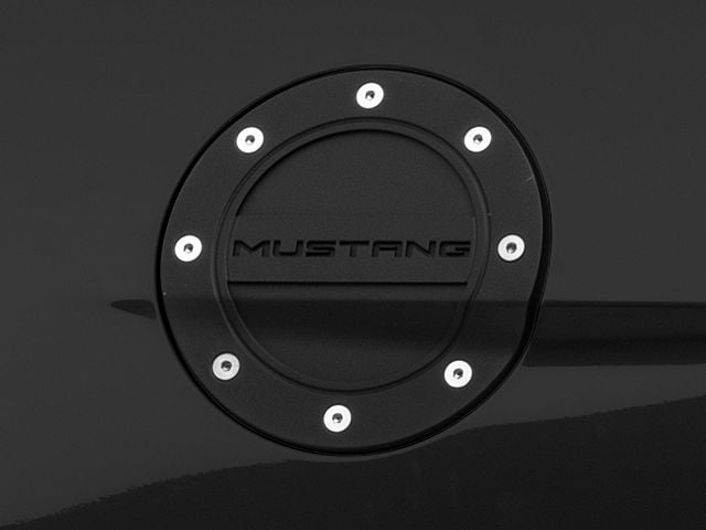 Drake Muscle Cars Competition Series Fuel Door with Mustang Logo; Black (15-23 Mustang)
