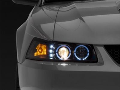 Raxiom Dual LED Halo Projector Headlights; Black Housing; Clear Lens (99-04 Mustang)