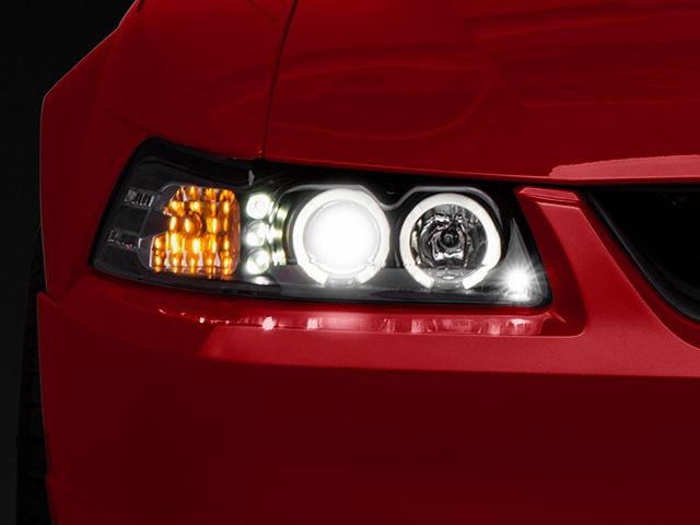 LED Halo Projector Headlights; Black Housing; Clear Lens (99-04 Mustang)